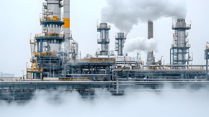 Obraz premium Detailed Close up View Capturing the Intricate Industrial Machinery and Pipes at Work During Active Fuel Processing in a Refinery Steam Visibly Rising in the Atmosphere