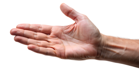 A man's hand is isolated on a transparent background in PNG format. The hand is open, palm up, indicating offering, giving, or helping. Ideal for projects with gestures or help themes.