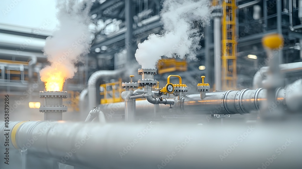 Poster close up view of the complex network of industrial refinery pipes with rising steam indicating the a