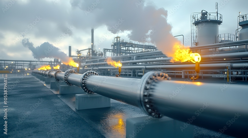 Poster close up view of steaming refinery pipes capturing the active fuel processing and intense heat of in
