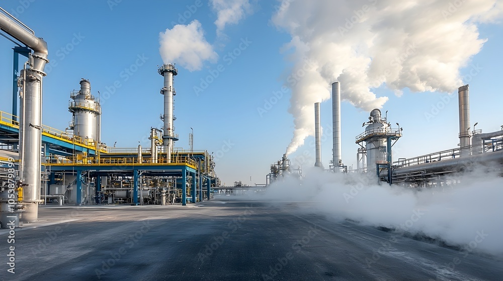 Poster intense close up of refinery pipes with powerful steam rising highlighting the precise and dynamic p