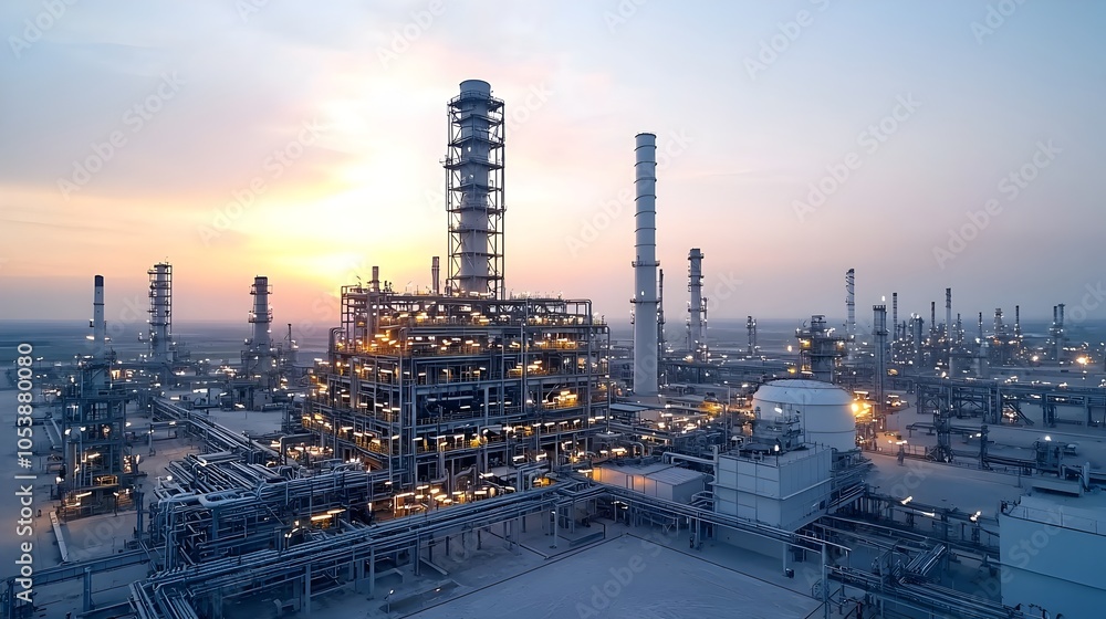 Aufkleber dramatic sunset scene of a massive oil refinery industrial complex with towering structures glowing 