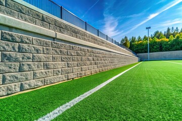 Retaining wall next to green synthetic turf athletic field with forced perspective