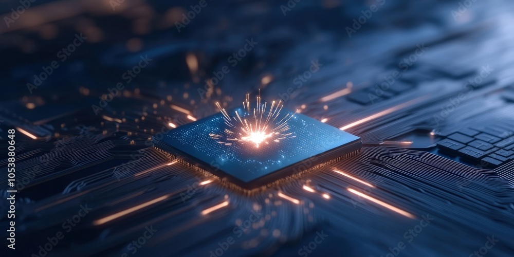 Poster modern microchip with spark and glow effects