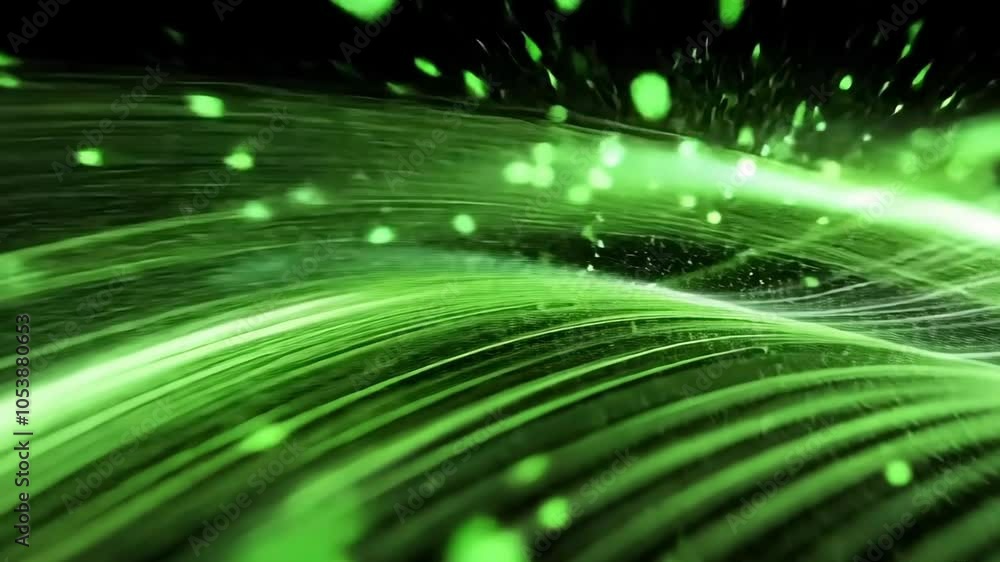 Poster bright green particles and light trails undulate gracefully against a dark backdrop, creating an abs