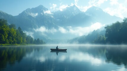 A solitary fisherman on a serene lake surrounded by mountains.