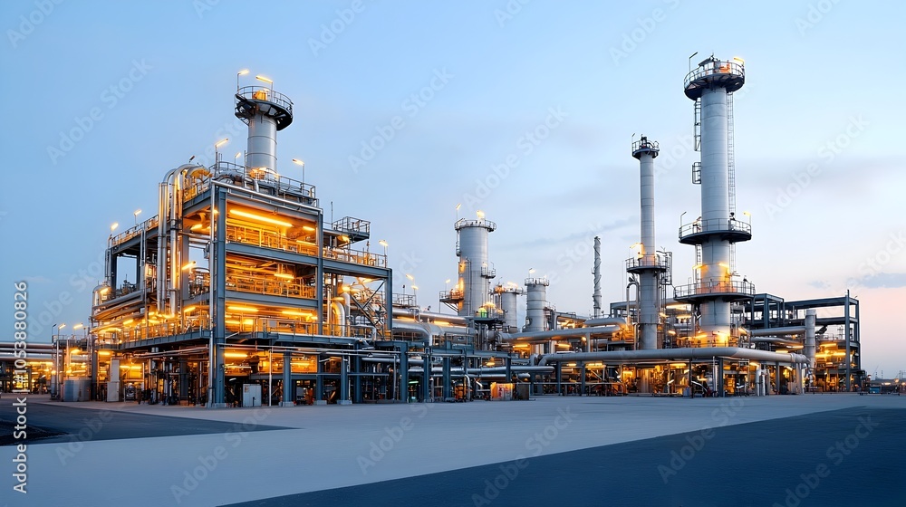 Poster sunset over a large oil refinery with glowing lights illuminating the intricate pipes towers and oth
