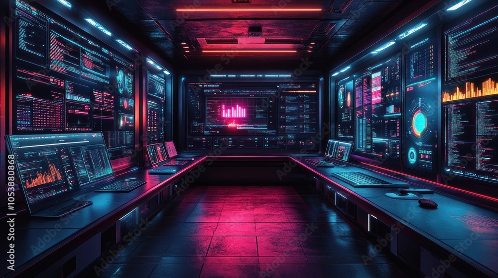Poster futuristic control room with glowing screens and data visualizations.