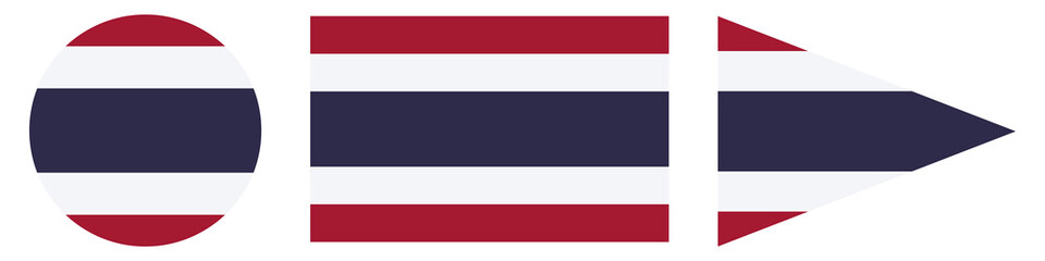 Obraz premium Thailand flag set in circle, rectangle, and pennant triangle shapes isolated on white background, vector illustration of Thai national symbol for travel, culture, and patriotic design concepts