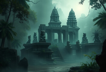 Ancient stone ruins surrounded by mist, evoking mystery and history