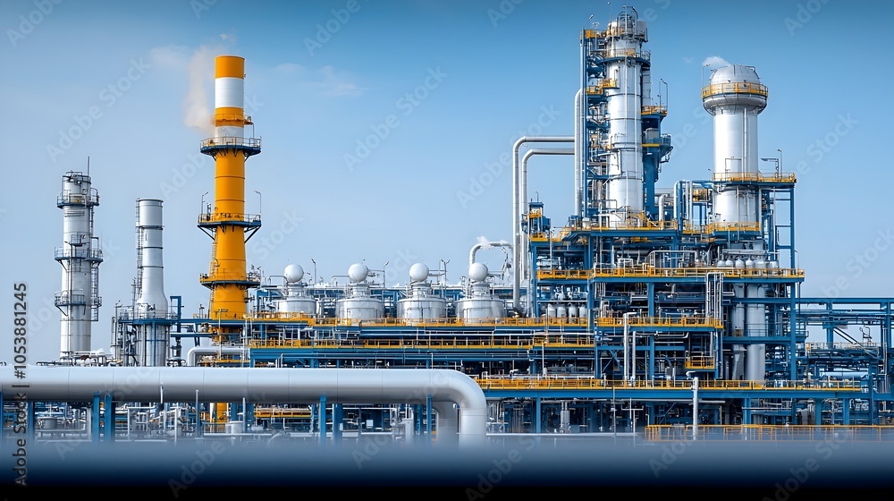 Poster Cutting Edge Fuel Refinery with Advanced Interconnected Pipelines and Modern Industrial Architecture Representing Innovation in Energy Processing and Production