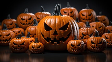 A group of carved pumpkins with menacing grins, lit from below, creating a spooky and festive ambiance.