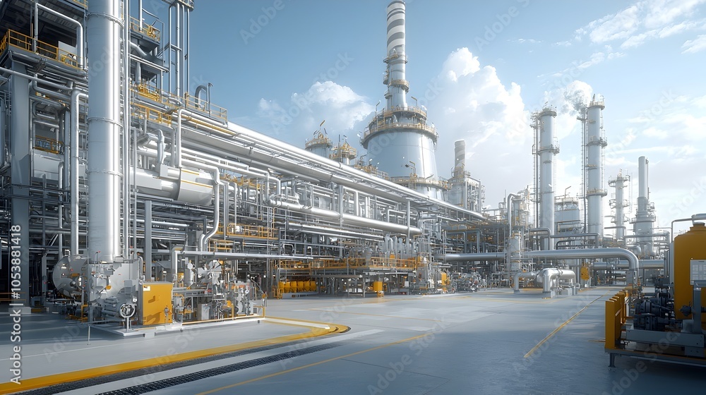 Poster cutting edge fuel refinery complex featuring a intricate network of pipelines sophisticated processi