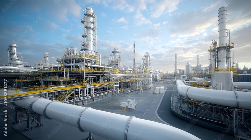 Poster cutting edge fuel refinery complex with an intricate network of pipelines and state of the art fuel 