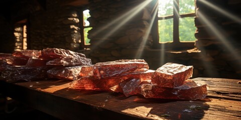 Sunbeams illuminating a pile of translucent, amber-colored crystals resting on a weathered wooden surface in a dimly lit, stone-walled room.