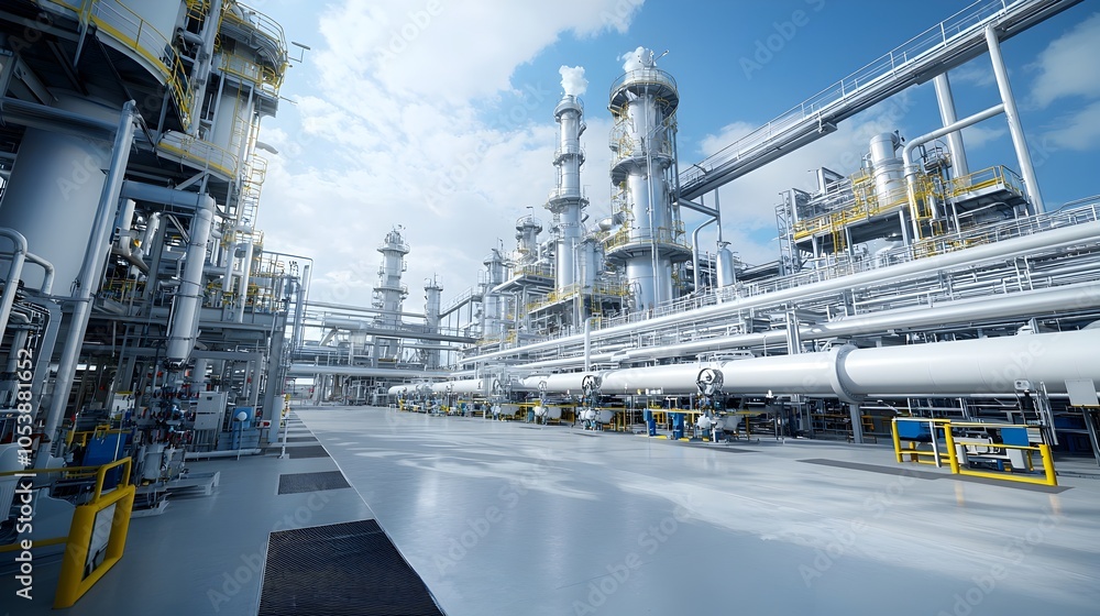 Poster modernized refinery plant showcasing intricate pipelines and cutting edge industrial design symboliz