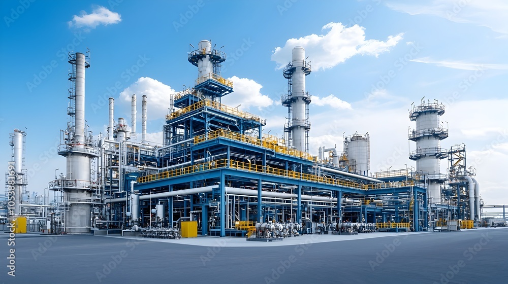 Poster cutting edge fuel processing facility with intricate pipelines and modern architecture a striking te