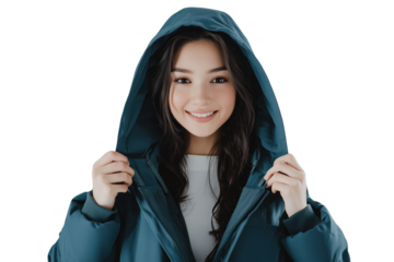 Attractive woman in a dark green hooded coat smiling confidently indoors