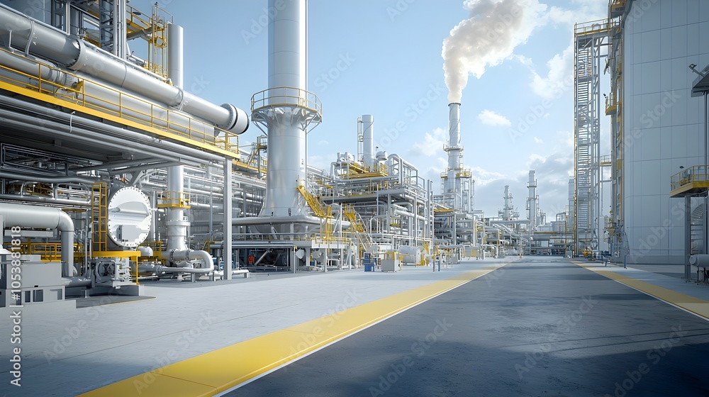 Poster Intricate network of pipelines and modern industrial architecture within a high tech fuel processing facility showcasing the advanced technology and infrastructure of a sophisticated refinery