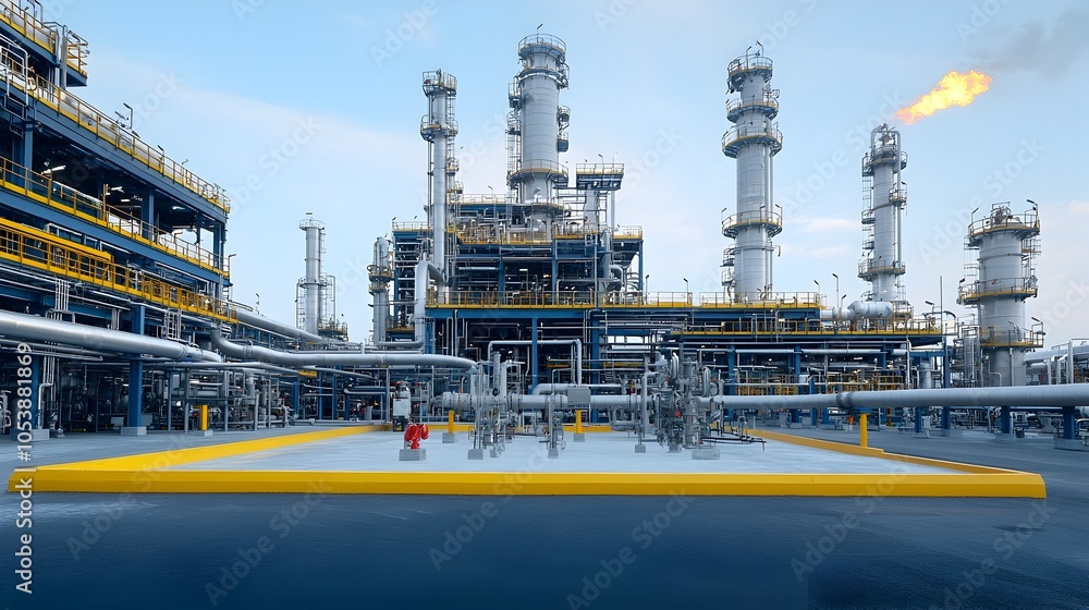 Poster intricate network of pipelines and industrial equipment within a high tech fuel refinery featuring c