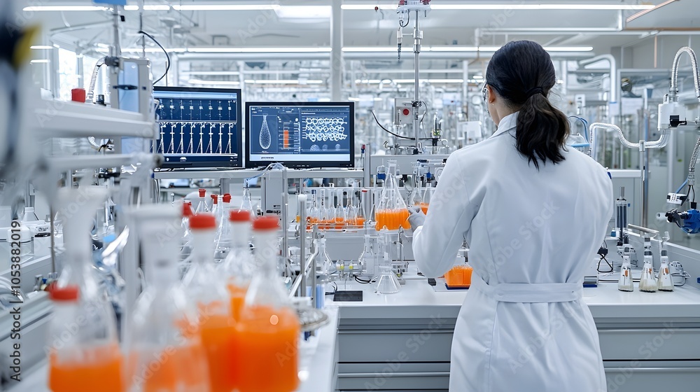 Aufkleber innovative biofuel research scientist in high tech laboratory analyzing fuel samples with advanced d