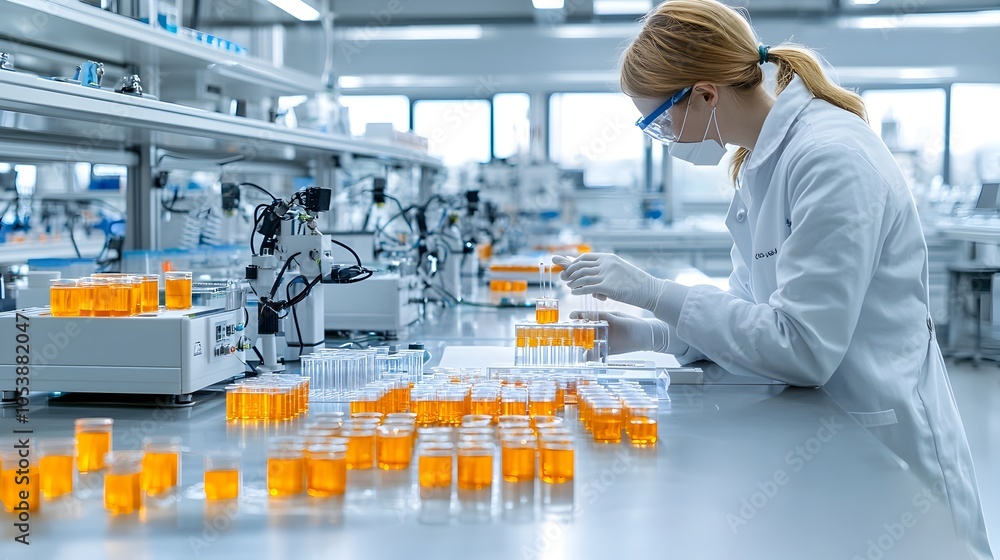 Poster scientist in lab coat analyzing biofuel samples using cutting edge processing equipment and technolo