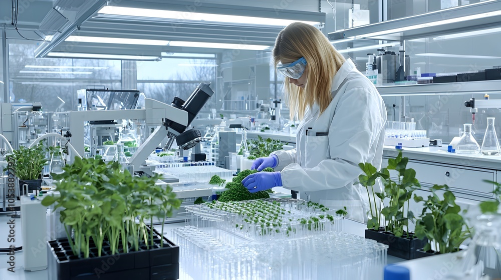 Poster Scientist wearing a lab coat conducting analysis of biofuel samples using advanced processing technology and precision instruments in a modern futuristic designed laboratory setting