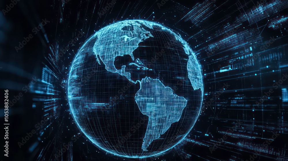 Fototapete a digital representation of earth surrounded by data streams, symbolizing global connectivity.