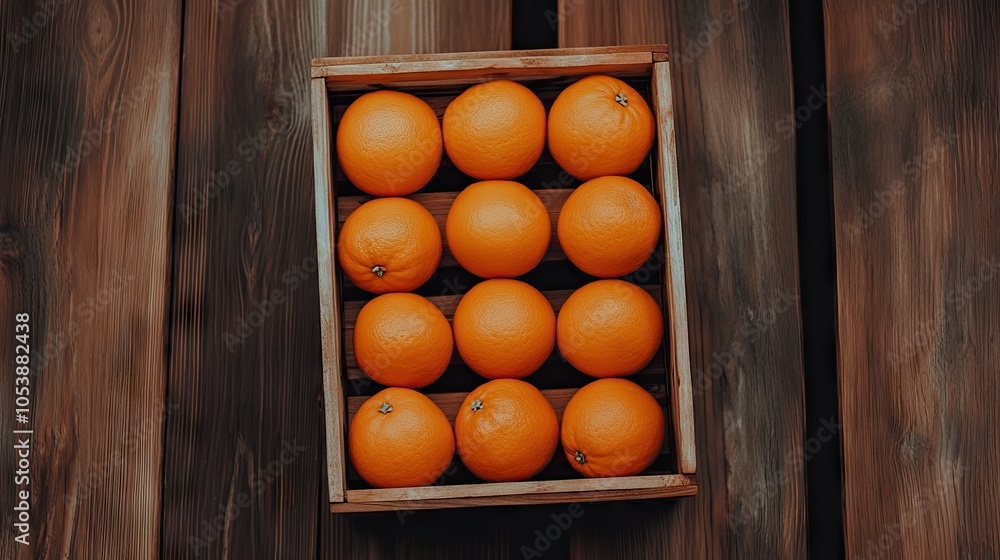 Poster a vibrant collection of fresh tangerines arranged neatly in a wooden box on a rustic table
