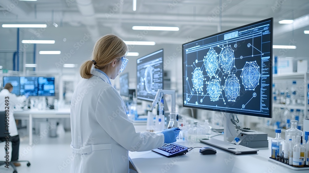 Poster A scientist in a lab coat analyzing biofuel samples in a modern high tech laboratory environment surrounded by advanced processing tools and digital displays