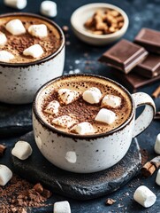 Hot chocolate and marshmallows in a white cup. aromatic cocoa with marshmallows, dark background