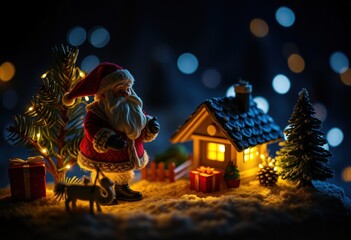 Fototapeta premium Magical christmas scene with santa and cozy cottage