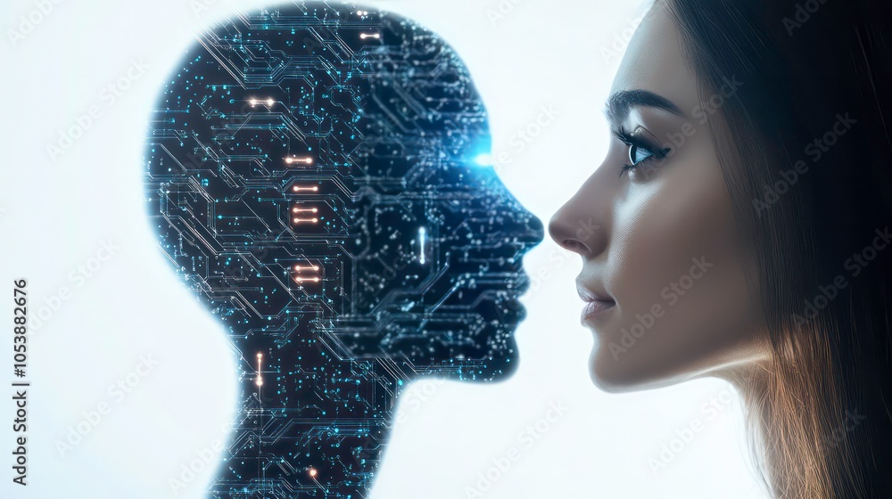 Aufkleber A digital representation of a human face merging with technology, symbolizing AI and humanity.
