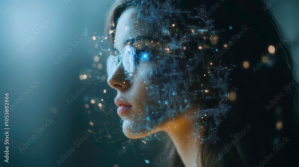 Poster A digital double exposure of a woman?s profile with abstract data and light effects.