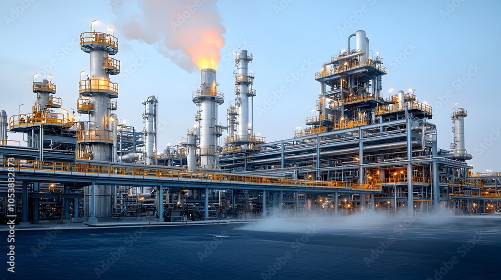 Poster close up view of a refinery s active pipes with steam rising capturing the intensity and heat of the