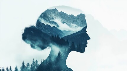 Double exposure portrait of a woman with mountains and forest inside her head.