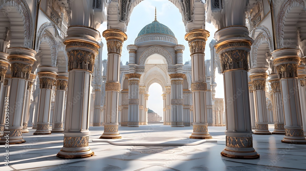 Poster a grand architectural space with intricate columns and a dome, illuminated by soft light.