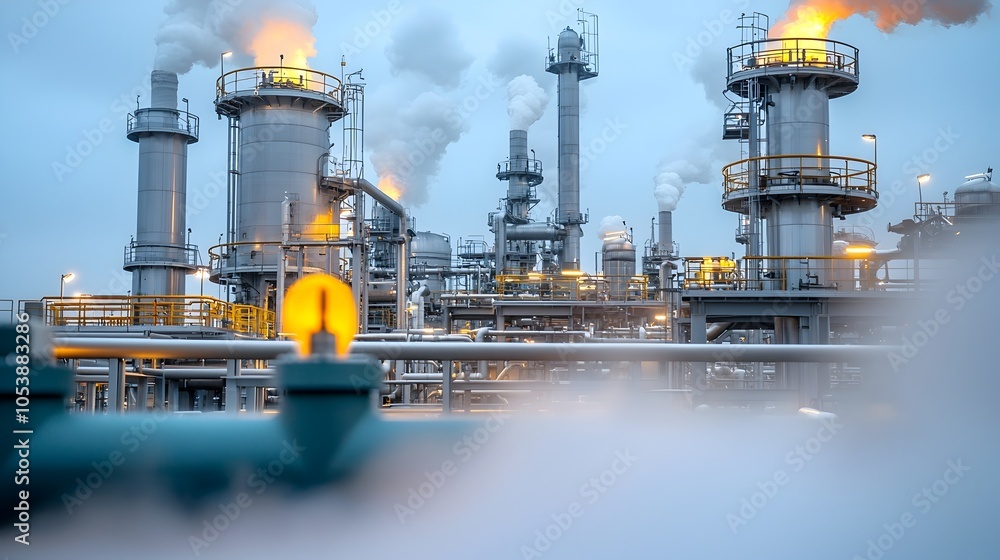 Poster intricate interconnected refinery pipes with rising steam depicting the heat and action of advanced 
