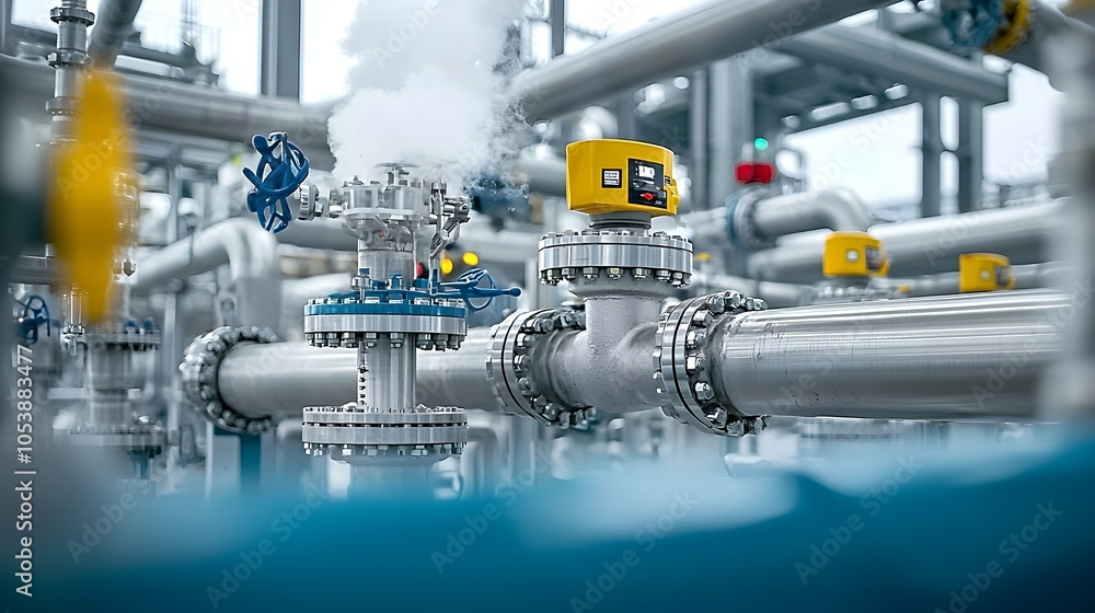 Aufkleber close up of interconnected refinery pipes with rising steam showcasing the intense heat and dynamic 