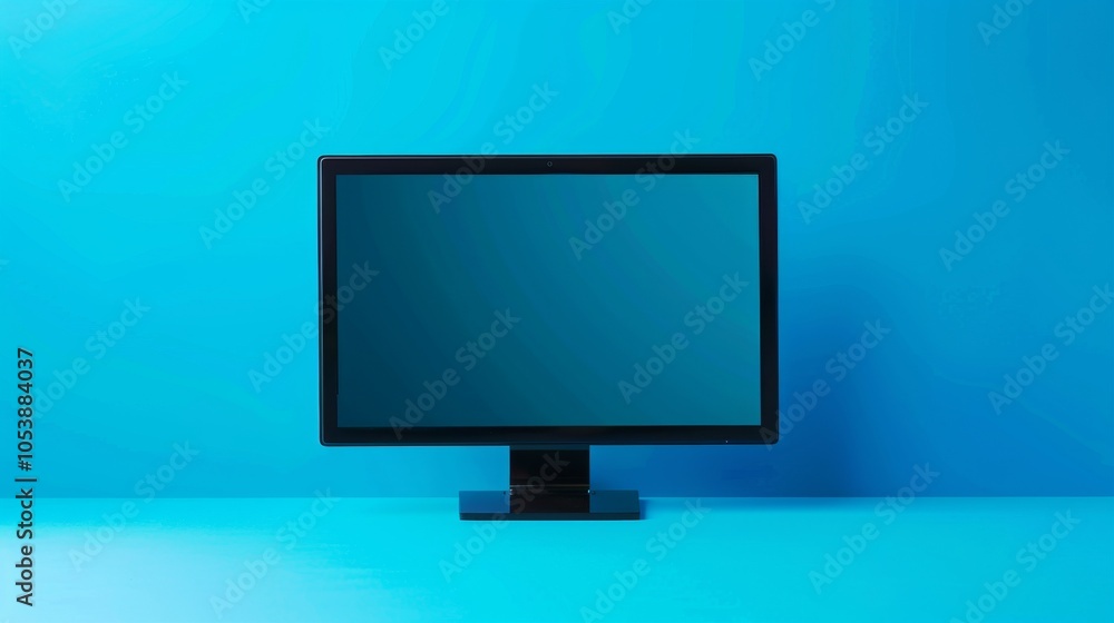 Poster black computer monitor on solid blue background with minimalistic design.