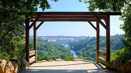 Fototapeta premium Scenic View of Prague from a Wooden Gazebo, Czech Republic, city, cityscape, skyline, river