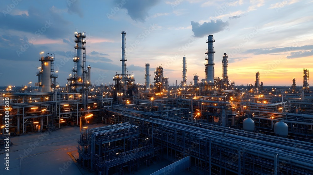 Aufkleber massive oil refinery complex with towering structures and machinery illuminated by glowing lights at