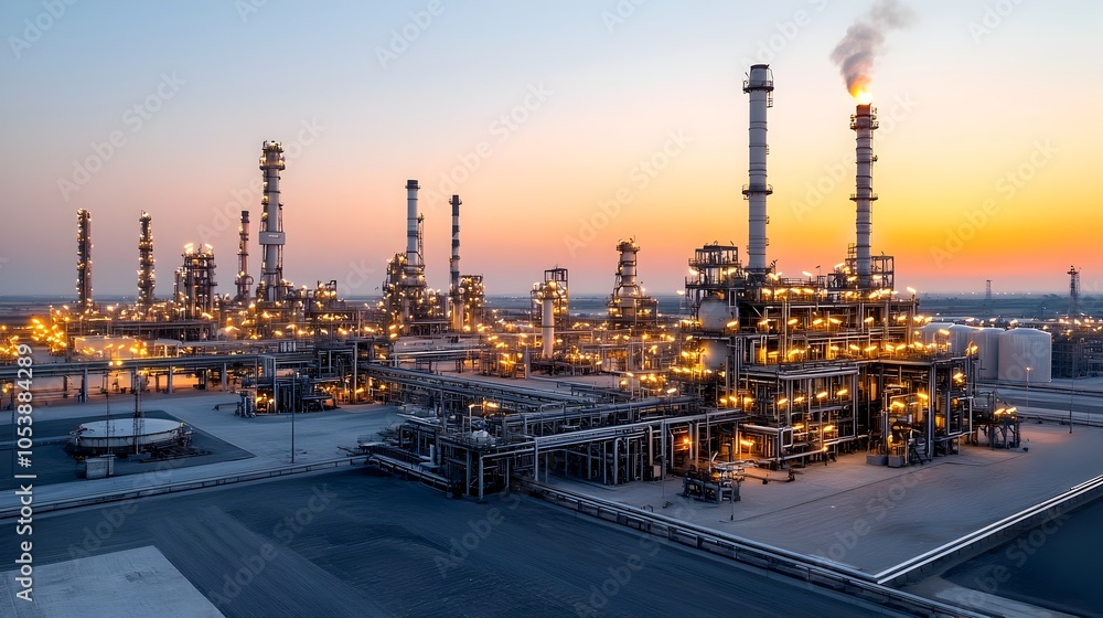Poster massive oil refinery complex at dusk with towering structures and tanks illuminated against a vibran