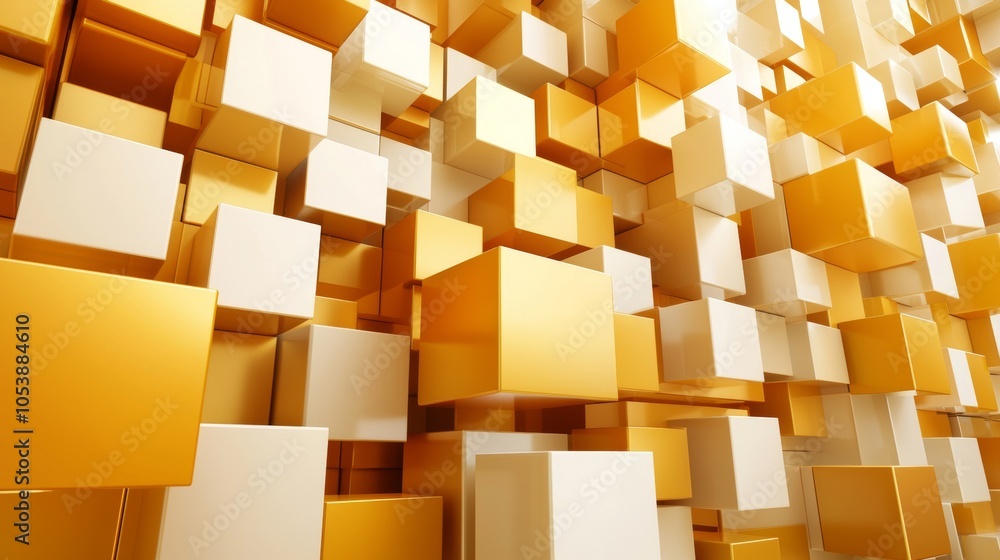Poster futuristic abstract background comprised of yellow and orange 3d shapes. 3d rendering.