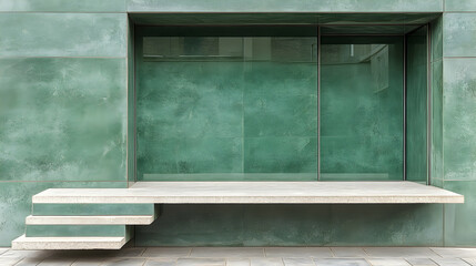 Modern Green Building Facade with Stone Bench, Green facade, modern architecture, building exterior, storefront, shopfront