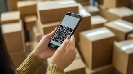 A person scans a QR code on a smartphone in front of stacked cardboard boxes.