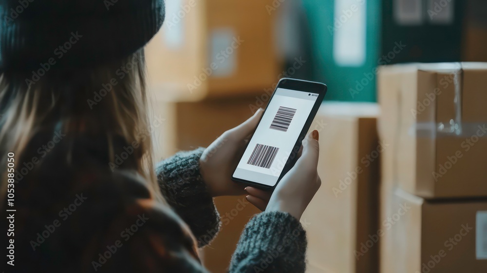 Poster a person scans a barcode on a smartphone amidst cardboard boxes in a warehouse setting.