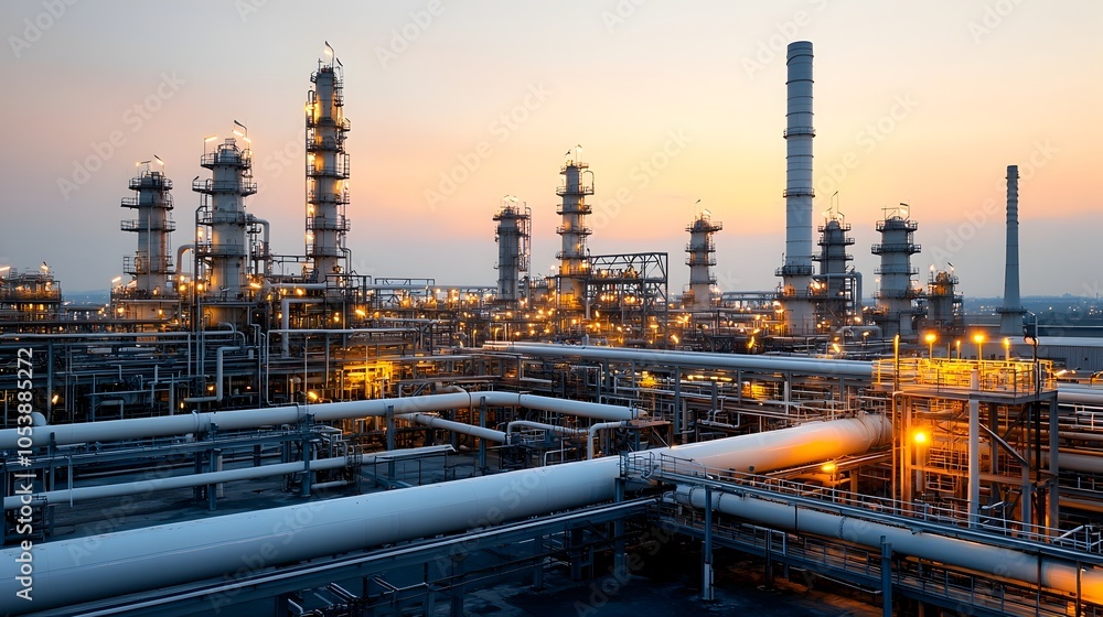 Aufkleber massive industrial oil refinery complex with intricate pipelines and towers illuminated by the soft 