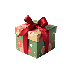 Obraz premium Gift box with red ribbon and floral pattern. Center framed gift with colorful ribbon tied in bow. transparent background contrasts with gift and ribbon. Elegance and style of gift box and ribbon