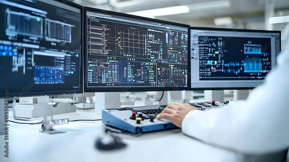 Poster Close up shot of a worker operating an advanced industrial control panel surrounded by multiple monitors and fuel processing equipment  The panel features various buttons knobs